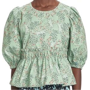 Corey Lynn Calter Mist Green Leopard Print Peplum Puff Sleeve Top Size‎ M